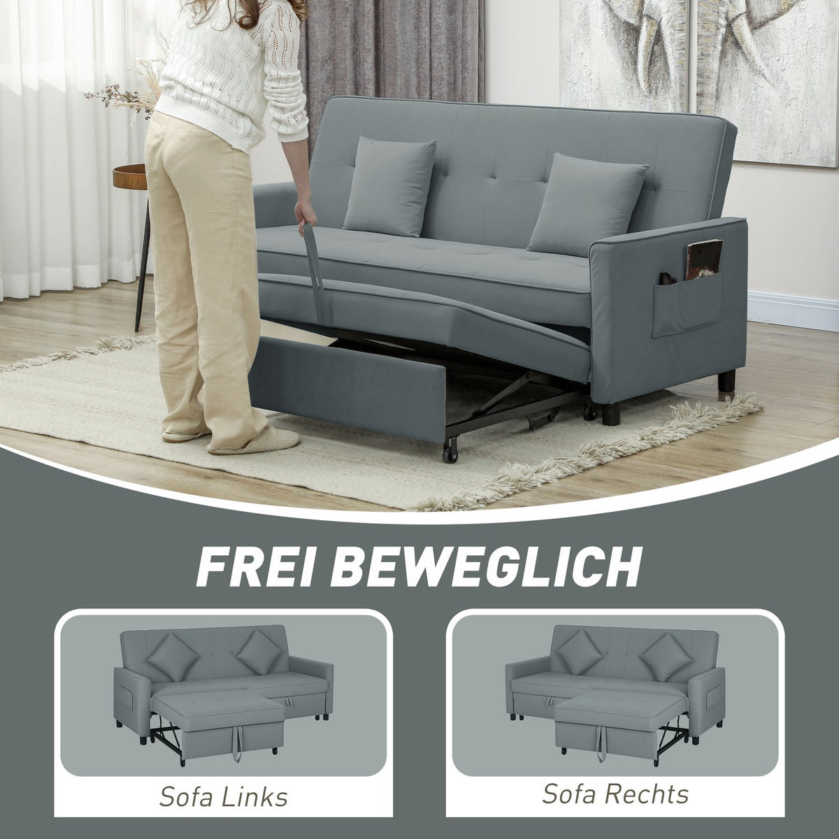 Convertible 3-Seater Sofa Bed with Adjustable Backrest, Grey
