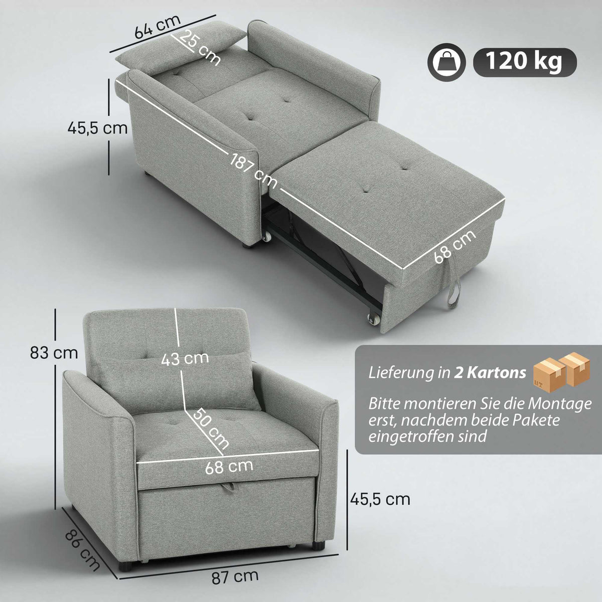Convertible 3-in-1 Sofa Chair Bed, Adjustable Backrest, Gray
