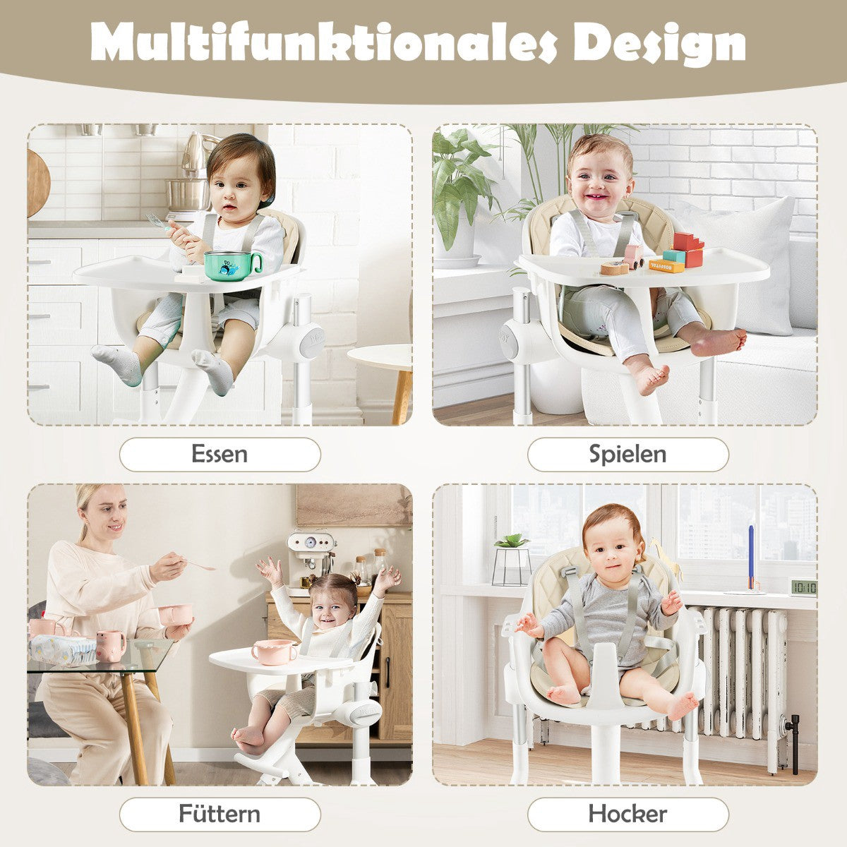 Convertible Baby High Chair, 4-in-1, 5-Height, Beige