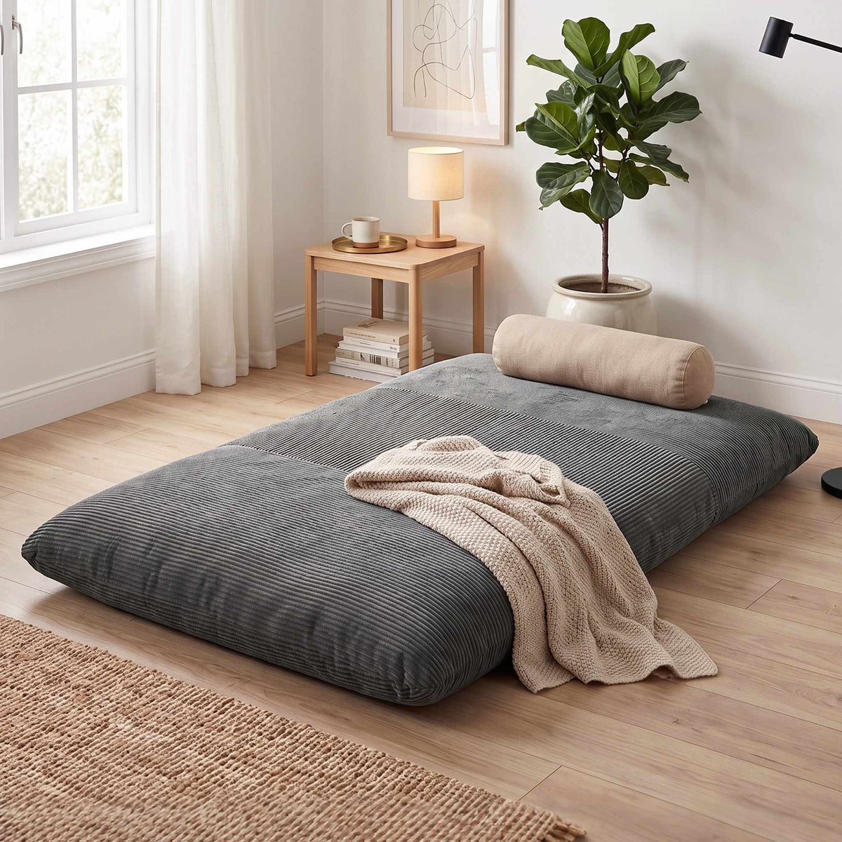 Convertible Cord Floor Sofa Bed, Dark Grey, 145x184 cm