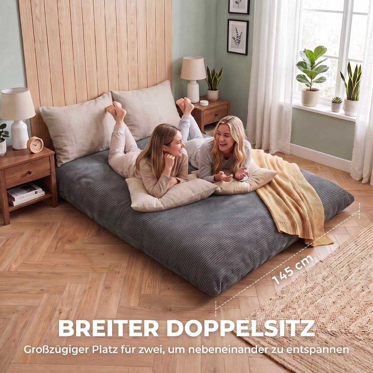 Convertible Cord Floor Sofa Bed, Dark Grey, 145x184 cm