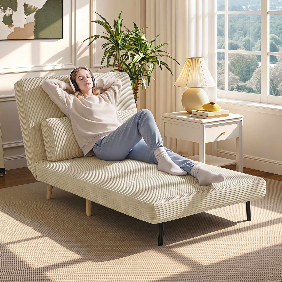 Convertible Corduroy Sofa Bed, Adjustable Backrest, Beige