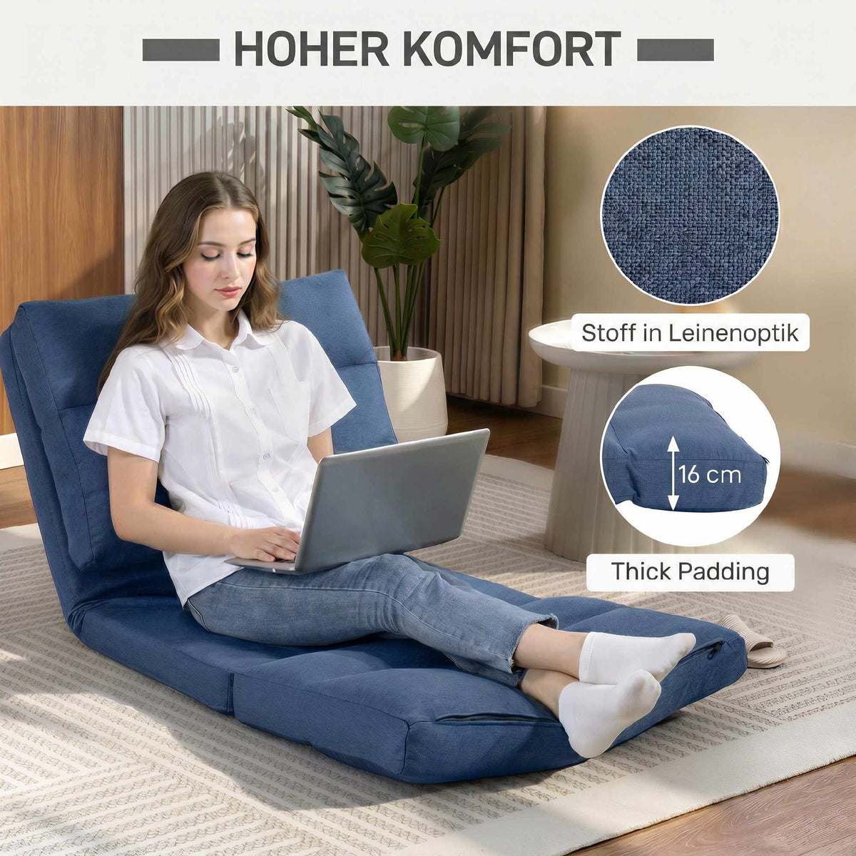 Convertible Floor Chair Bed, Adjustable Backrest, Dark Blue
