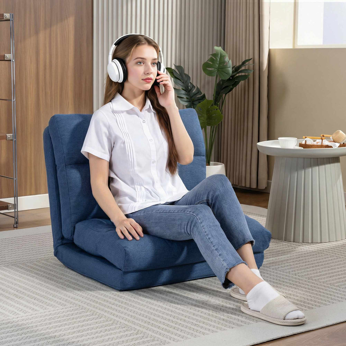 Convertible Floor Chair Bed, Adjustable Backrest, Dark Blue