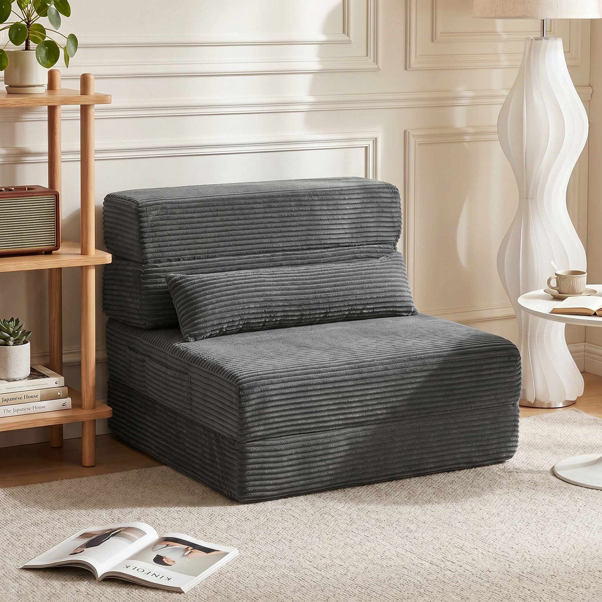 Convertible Floor Chair with Corduroy Cover, Dark Grey