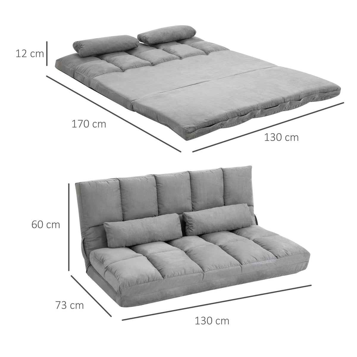 Convertible Floor Sofa Bed, Adjustable Backrest, Light Grey