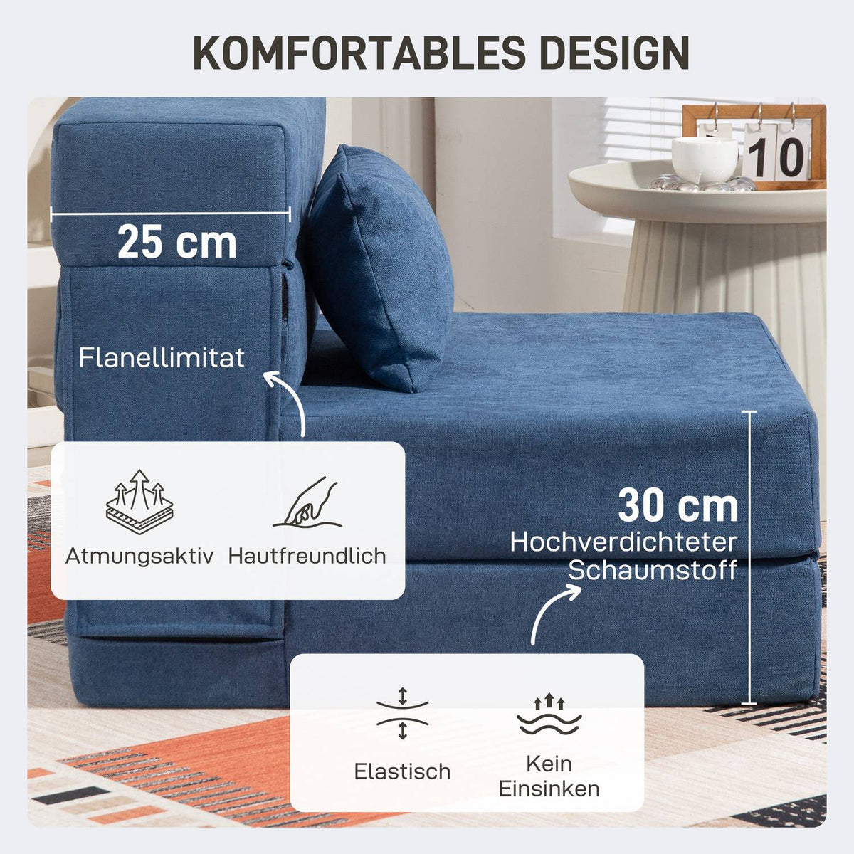 Convertible Floor Sofa Bed – Foam, Dark Blue, Pillow Included