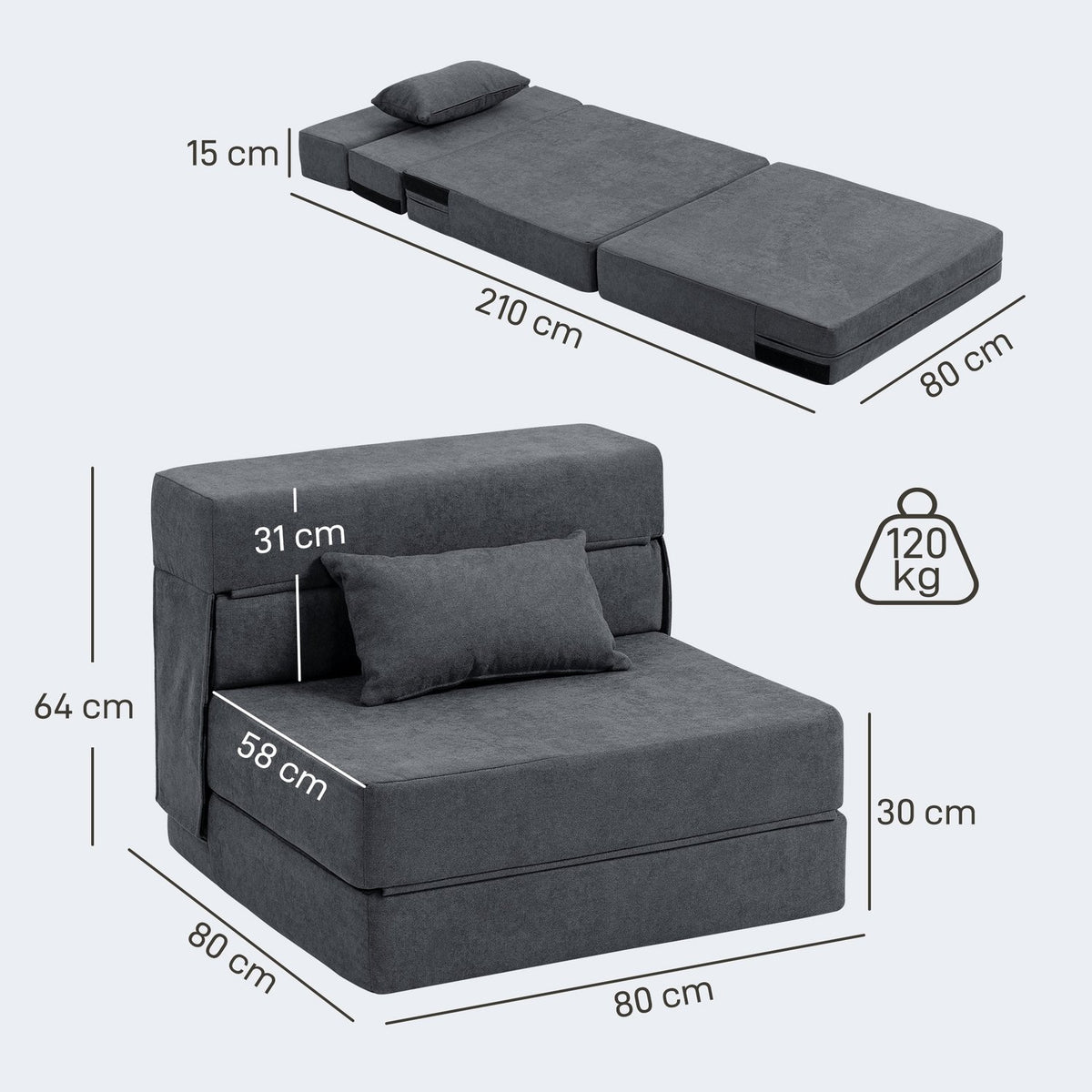 Convertible Floor Sofa Bed – Foam, Dark Grey, Includes Pillow