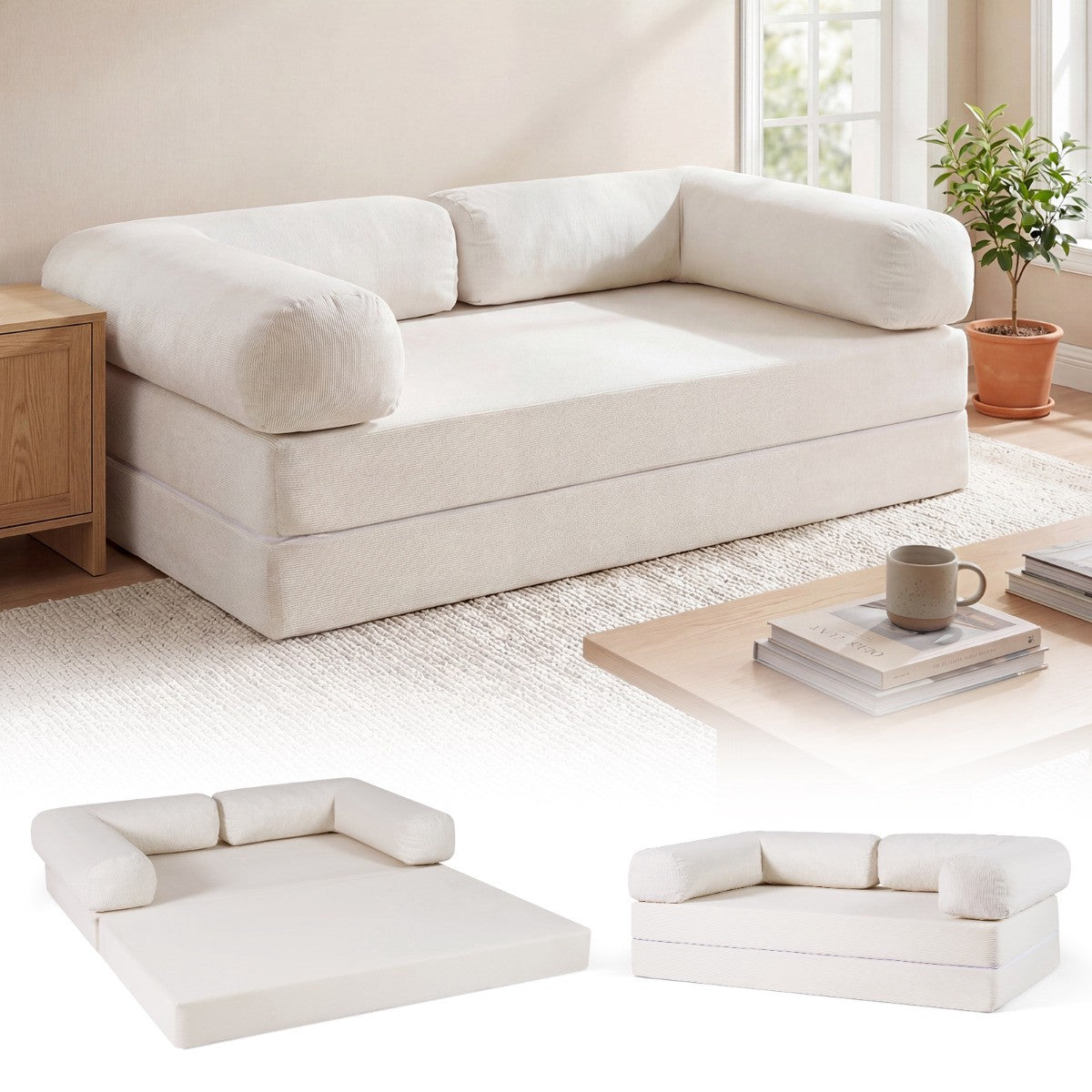 Convertible Folding Sofa Bed, 4-In-1 Corduroy, Beige