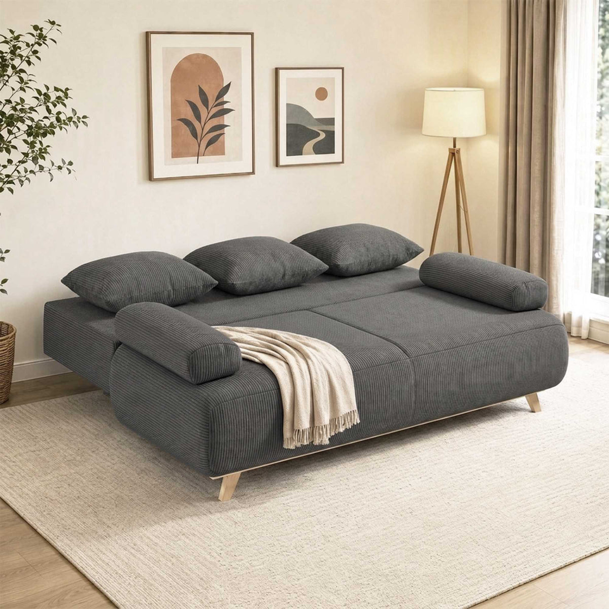 Convertible Grey Corduroy Sofa Bed with Storage