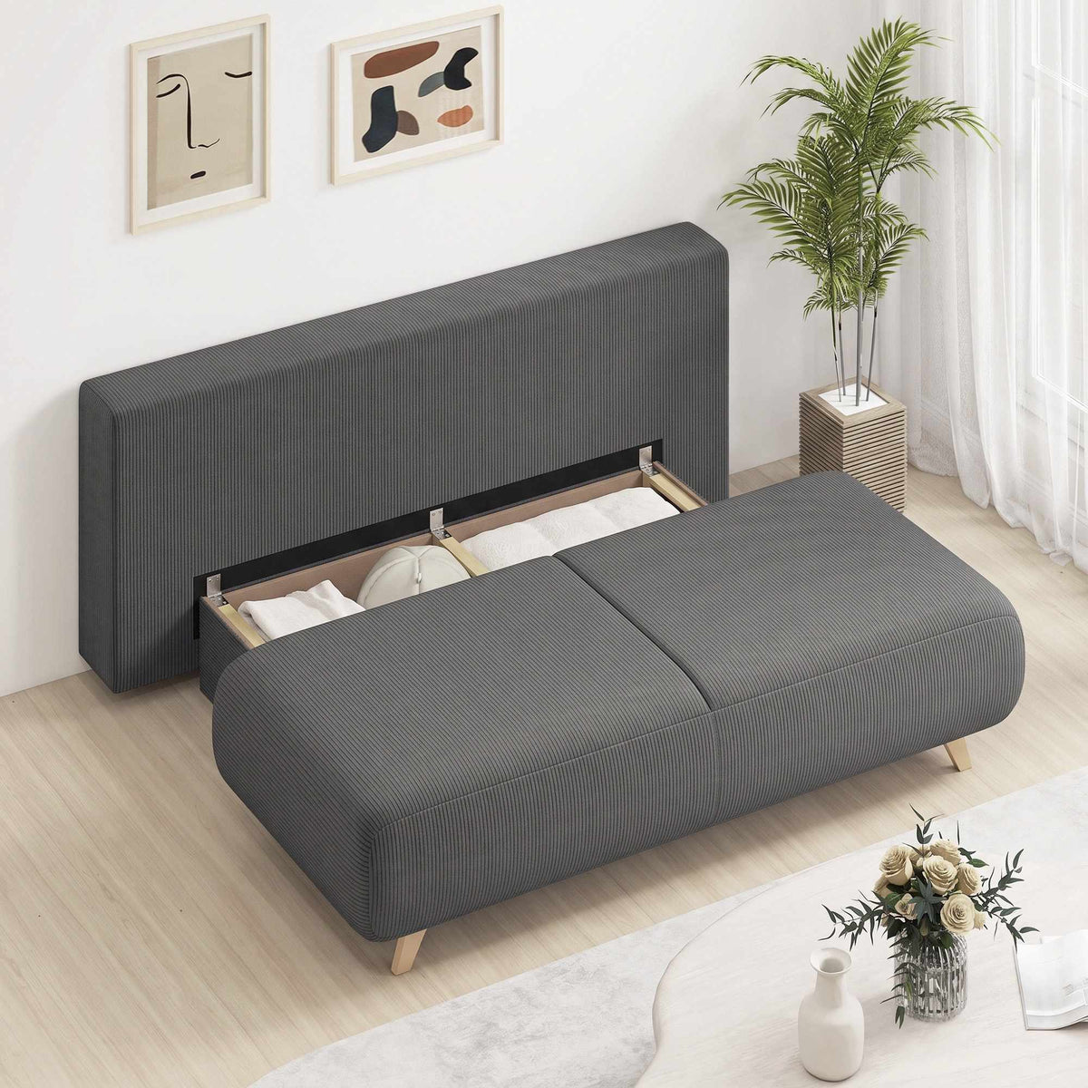Convertible Grey Corduroy Sofa Bed with Storage