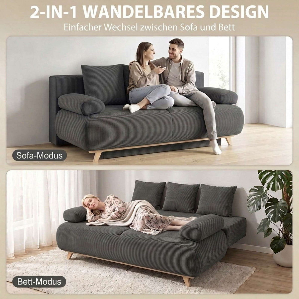 Convertible Grey Corduroy Sofa Bed with Storage