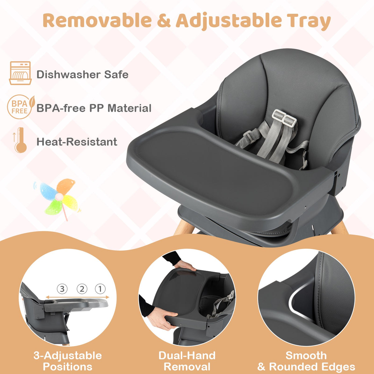 Convertible High Chair 9-in-1, Removable Tray, Dark Grey