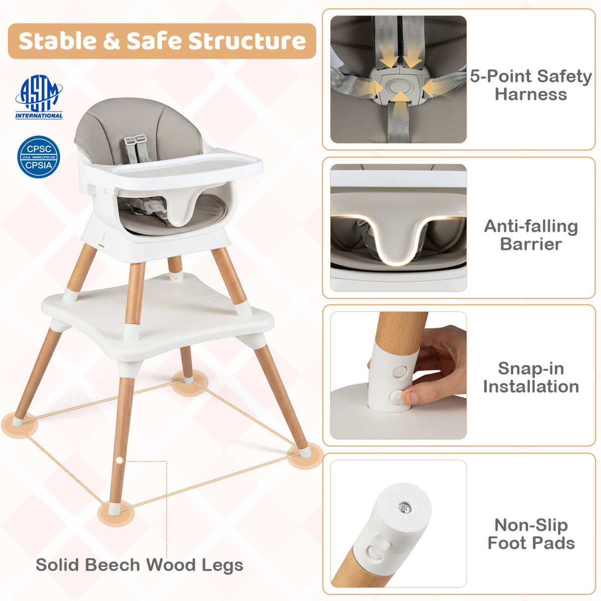 Convertible High Chair 9-in-1, Removable Tray, Grey