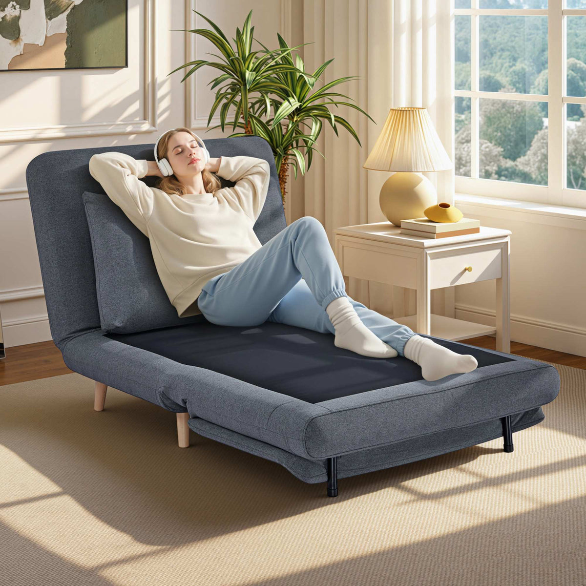 Convertible Sleeper Chair – Adjustable Backrest, Beechwood Legs, Grey
