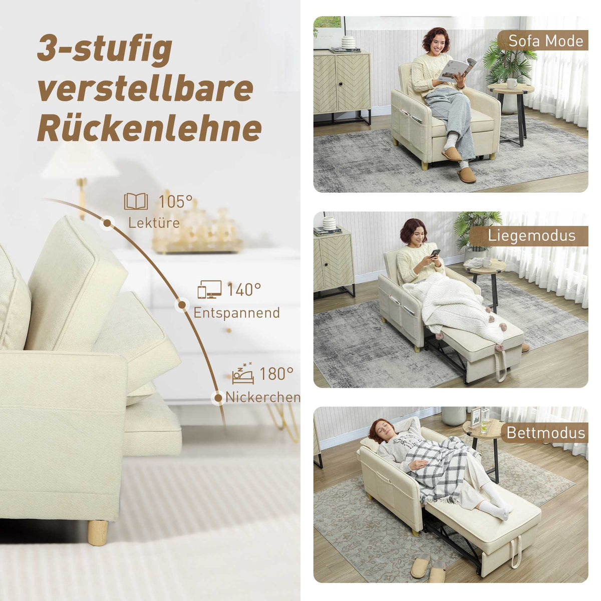 Convertible Sleeper Chair, Foam Padding, Beige Fabric