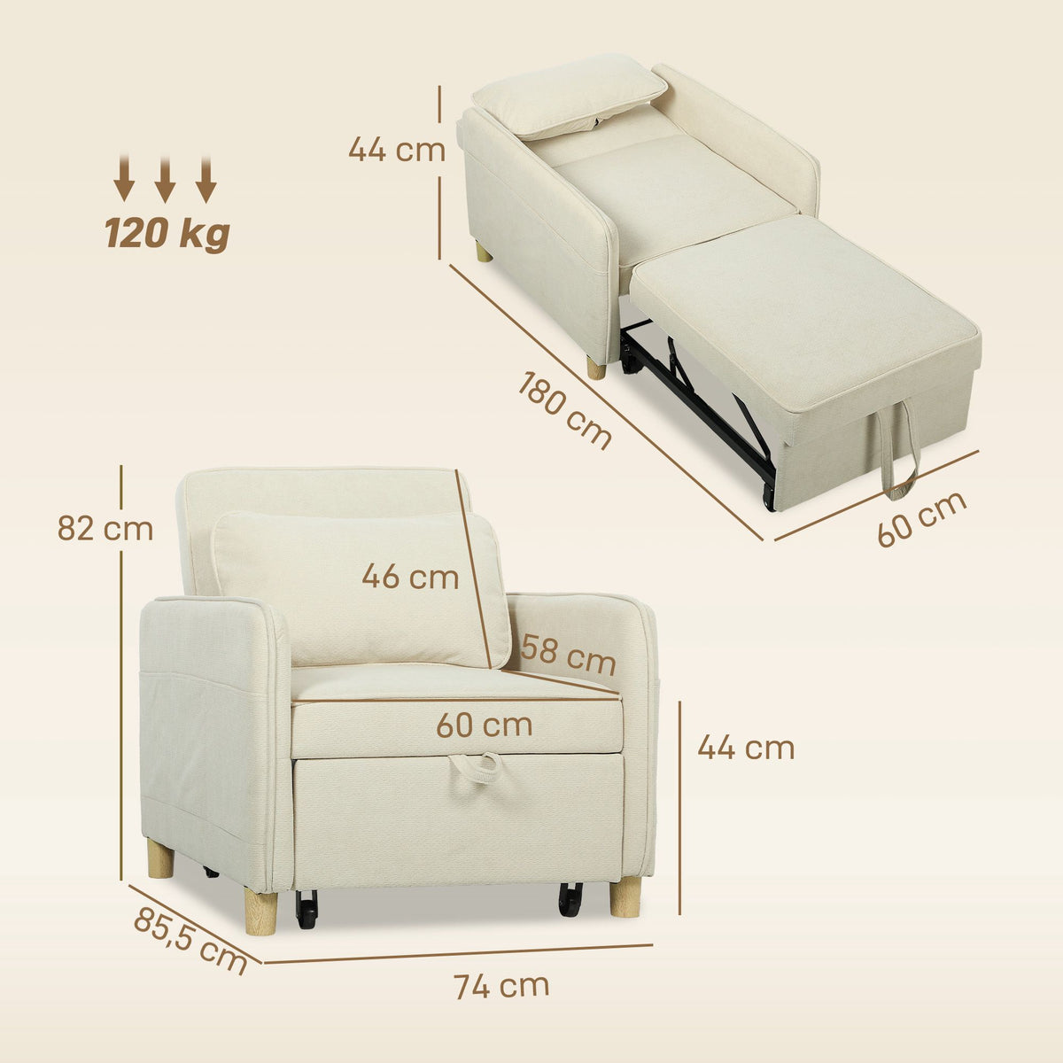 Convertible Sleeper Chair, Foam Padding, Beige Fabric