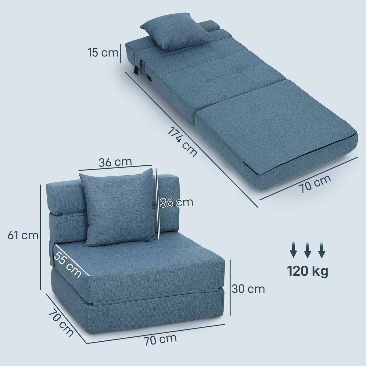 Convertible Sleeper Chair, Removable Cover, Dark Blue, 70x70x61 cm