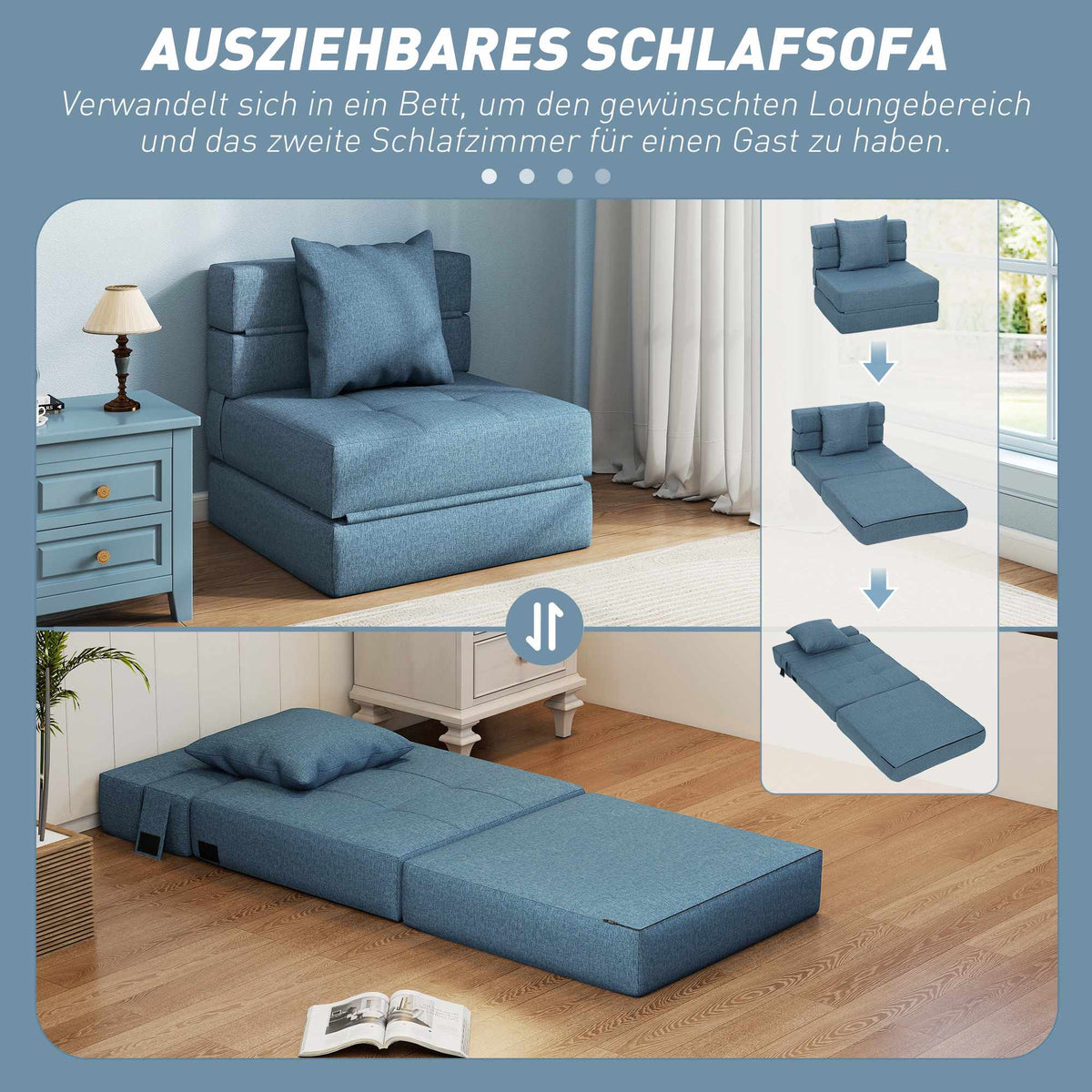 Convertible Sleeper Chair, Removable Cover, Dark Blue, 70x70x61 cm