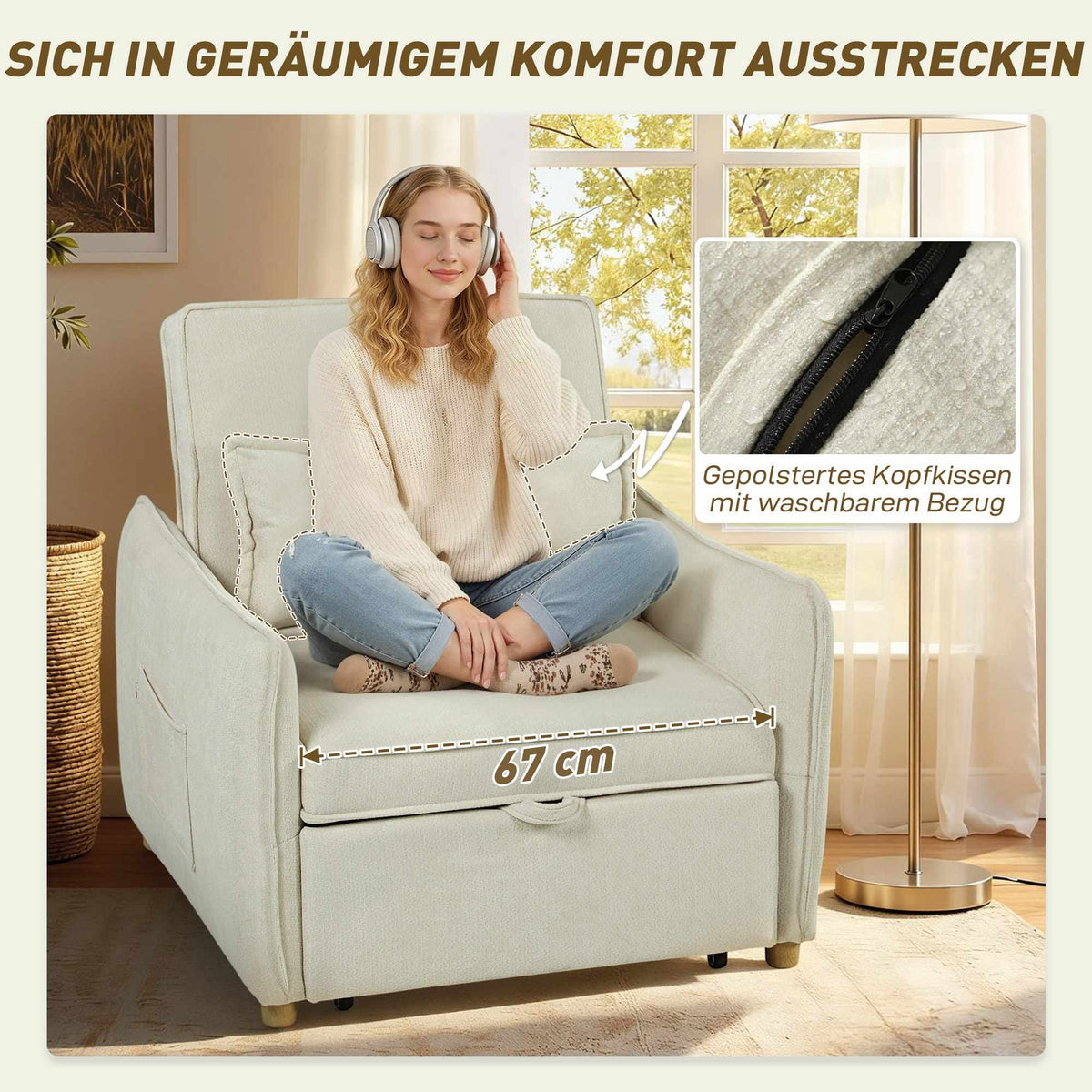 Convertible Sleeper Chair with Bed Function, Cream, 3-in-1