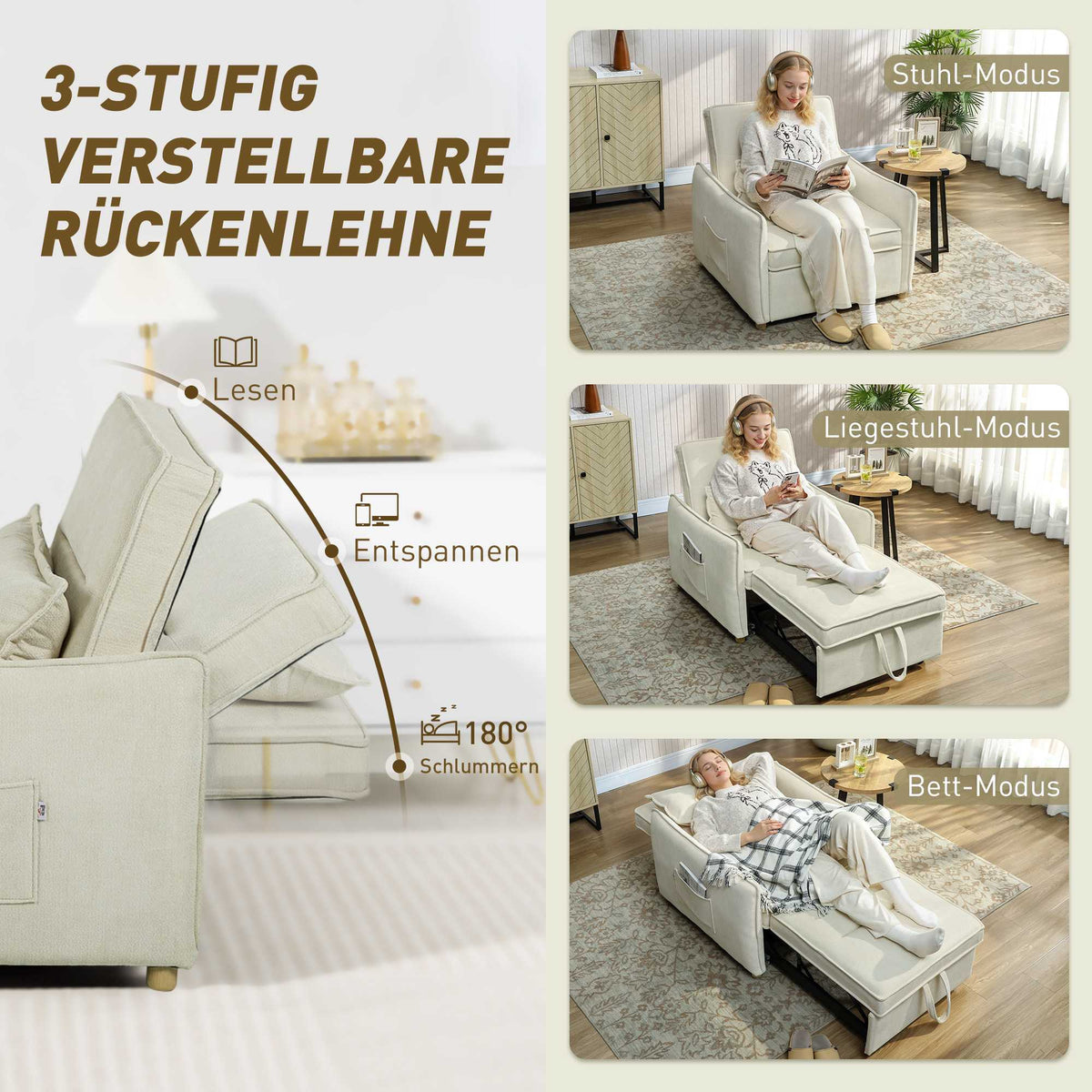Convertible Sleeper Chair with Bed Function, Cream, 3-in-1