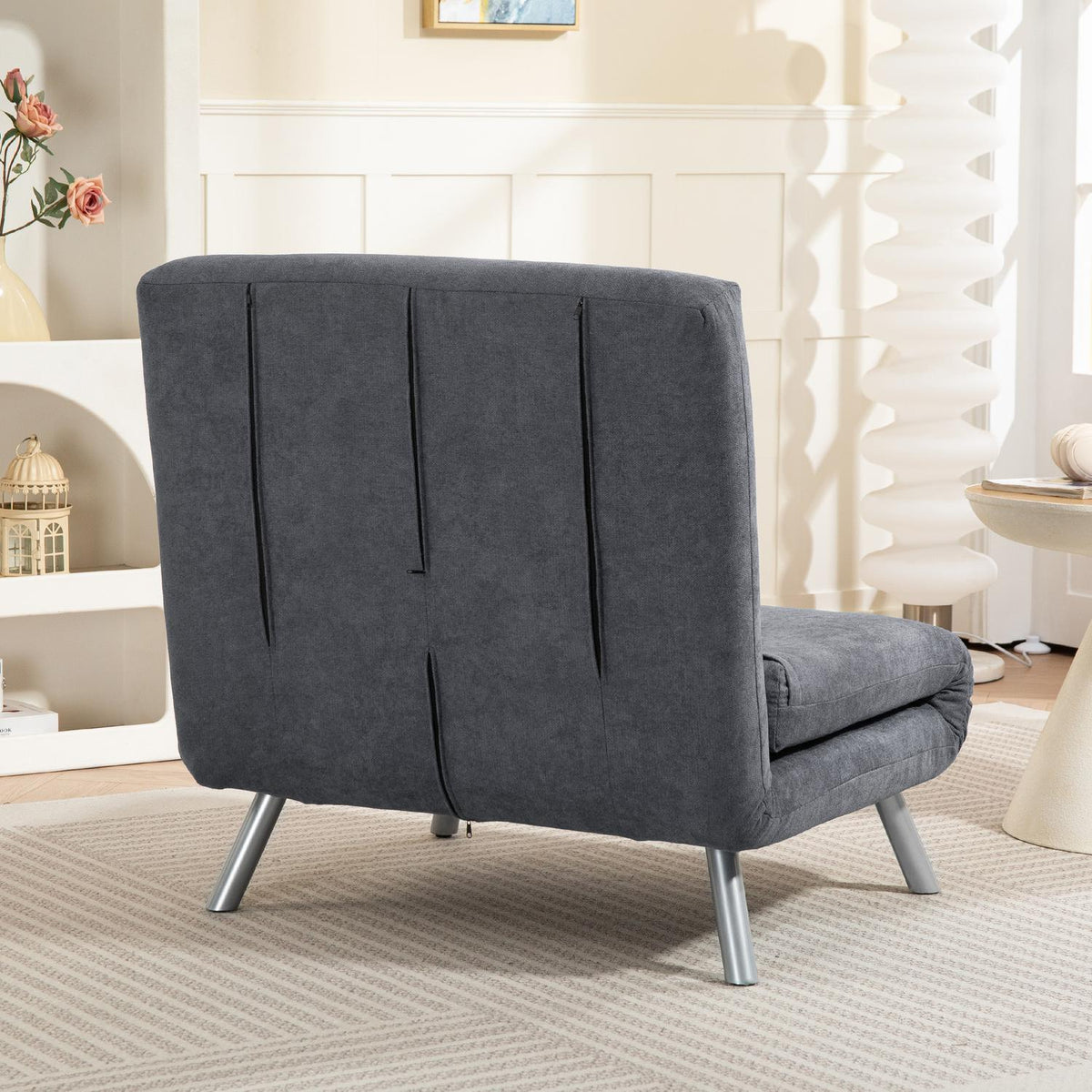 Convertible Sleeper Chair with Cushion, Dark Grey Fabric