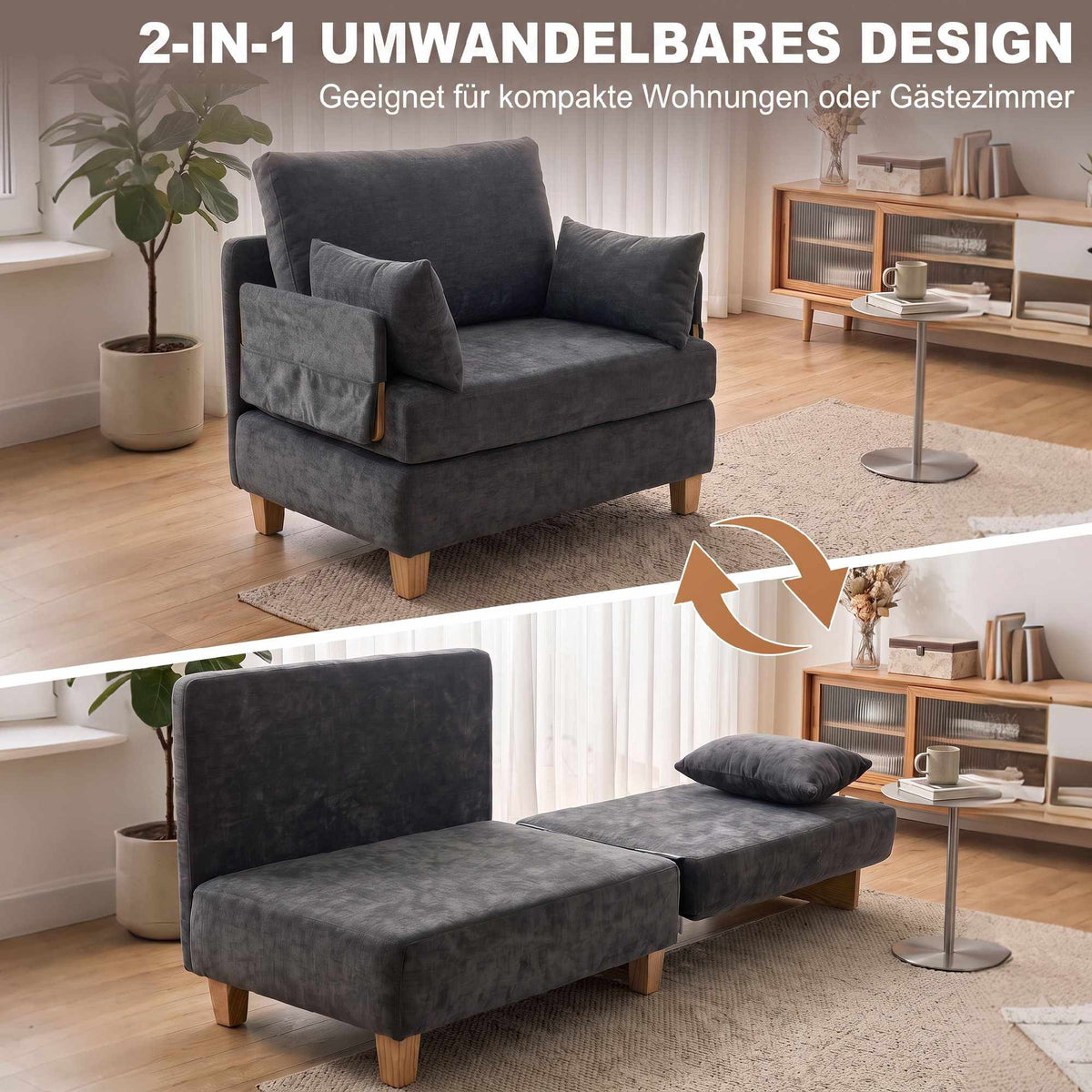 Convertible Sleeper Chair with Linen Velvet, Dark Grey