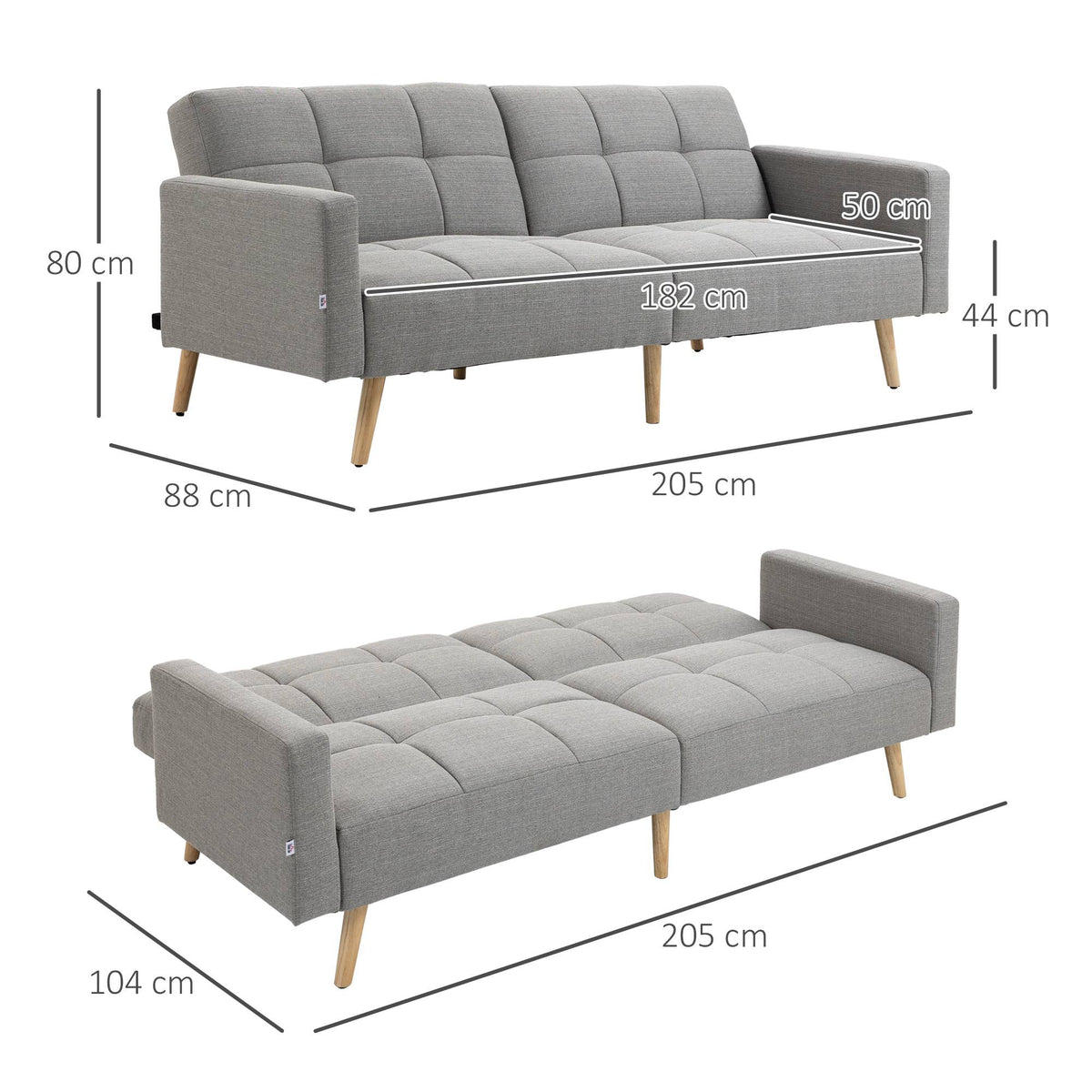Convertible Sofa Bed, 205 x 88 cm, Linen-Look Gray