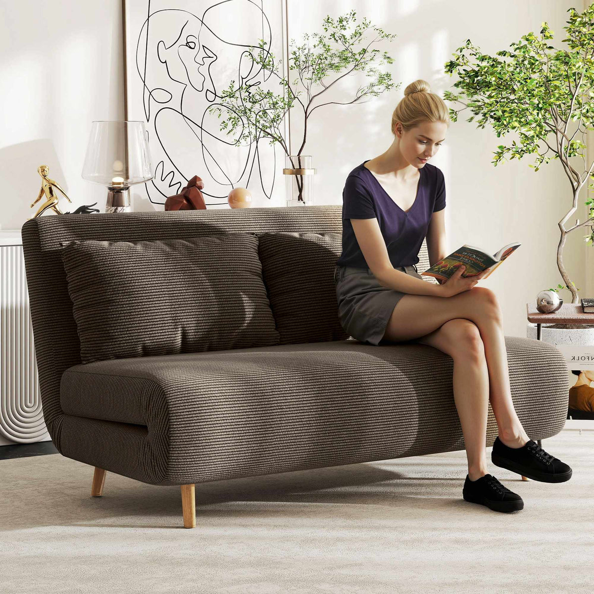 Convertible Sofa Bed, Adjustable Backrest, Corduroy, 120 kg Capacity