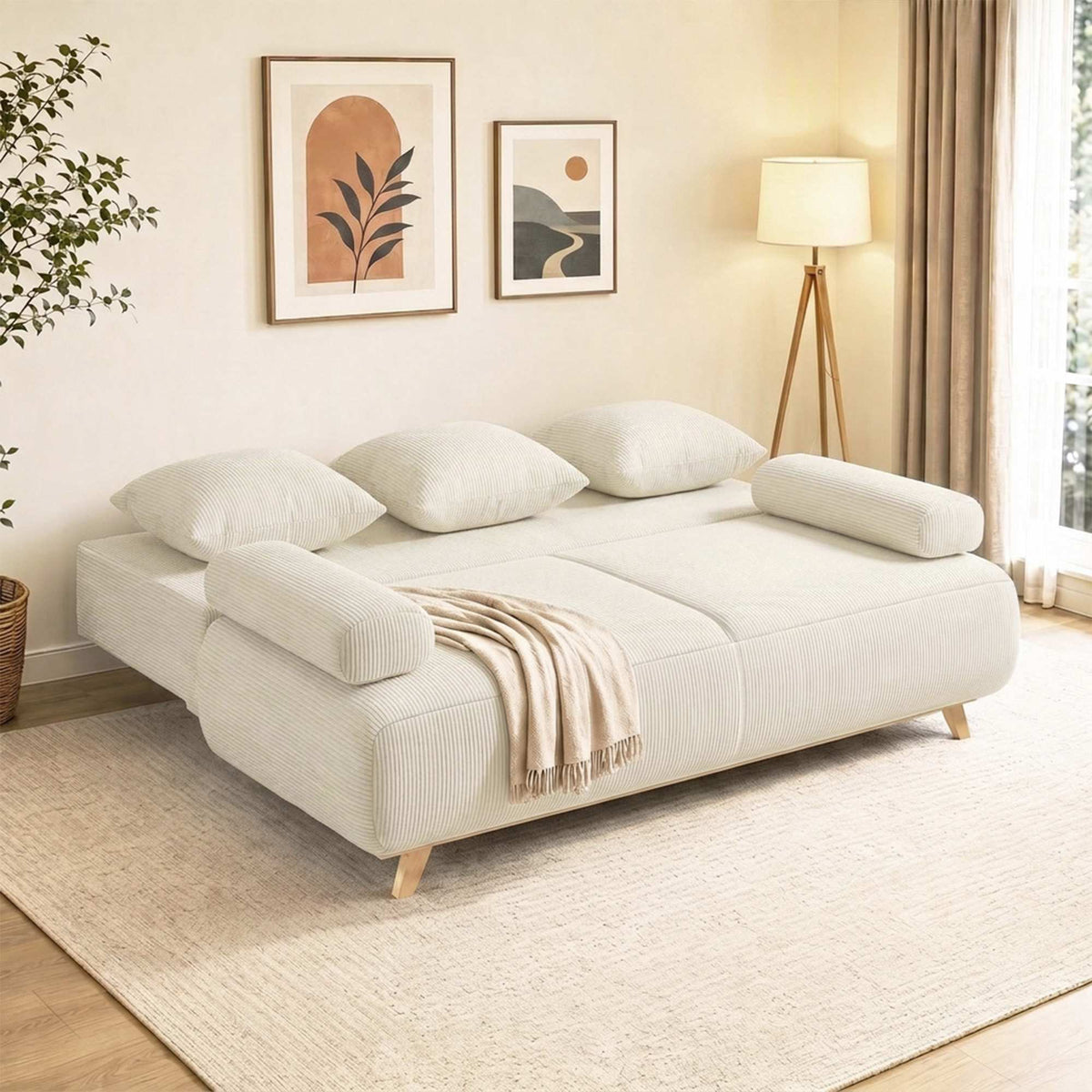 Convertible Sofa Bed with Adjustable Backrest, Corduroy, Beige