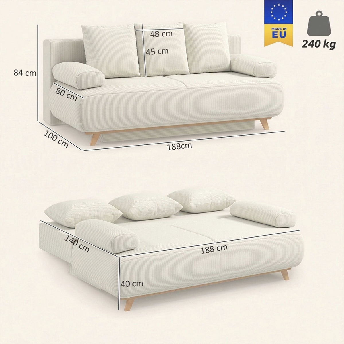Convertible Sofa Bed with Adjustable Backrest, Corduroy, Beige