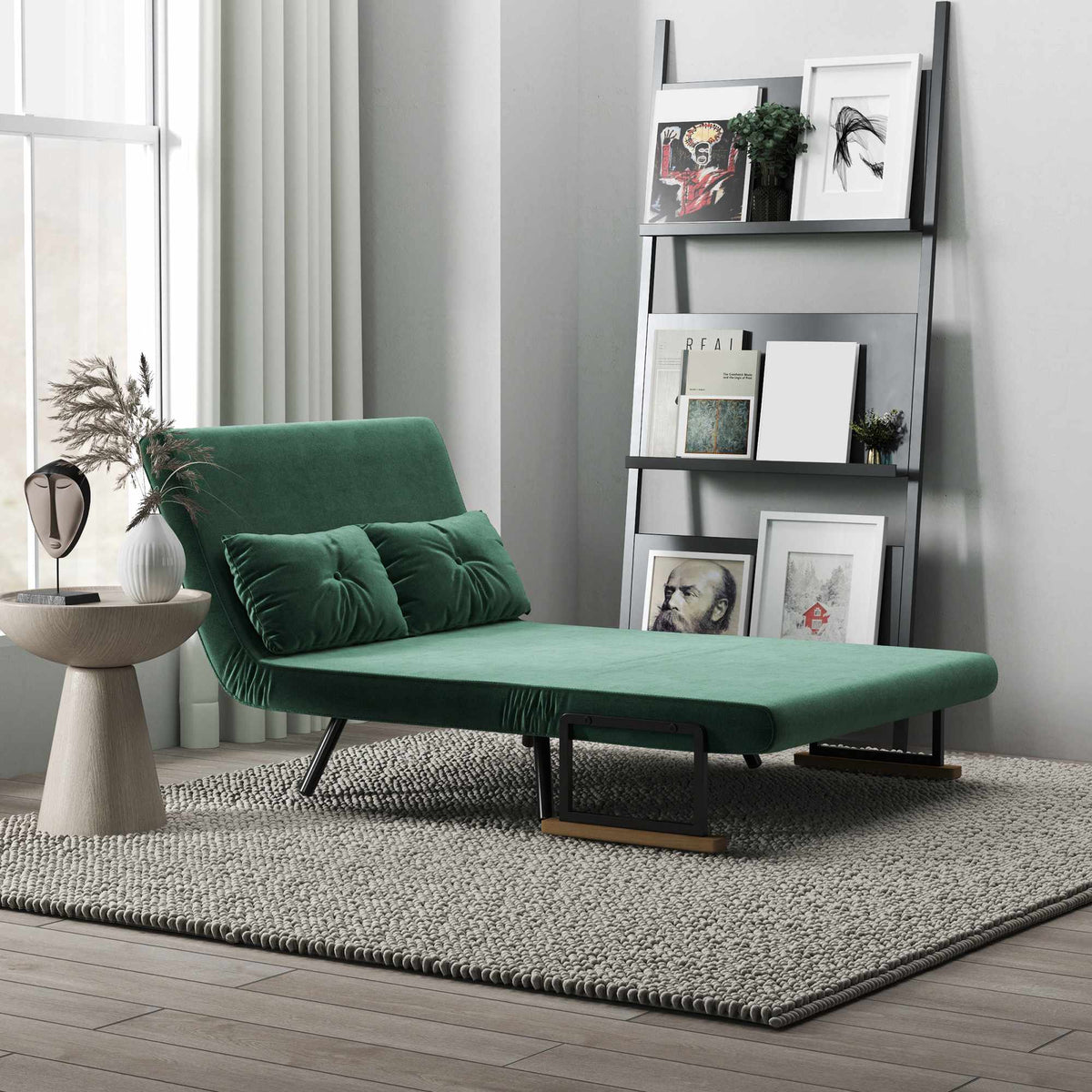 Convertible Sofa Bed with Adjustable Backrest, Green Fabric