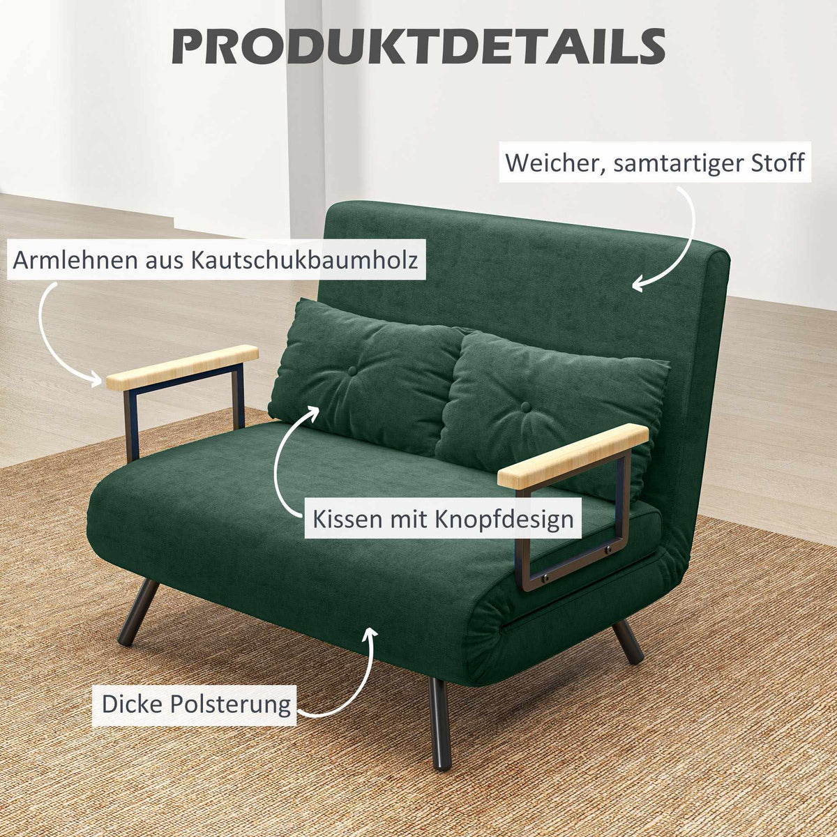 Convertible Sofa Bed with Adjustable Backrest, Green Fabric
