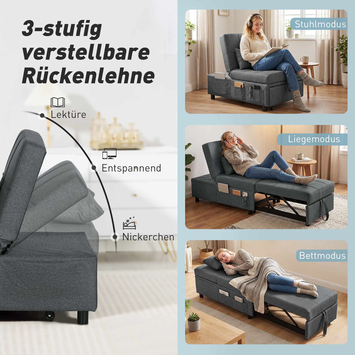 Convertible Sofa Bed with Adjustable Backrest and Cushion