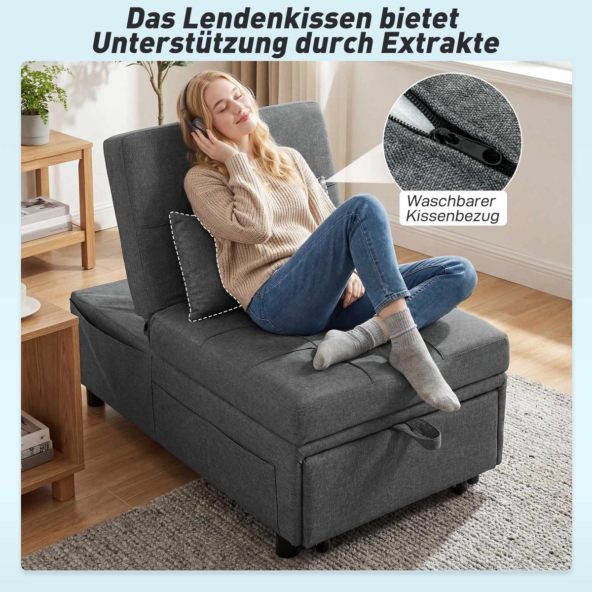Convertible Sofa Bed with Adjustable Backrest and Cushion