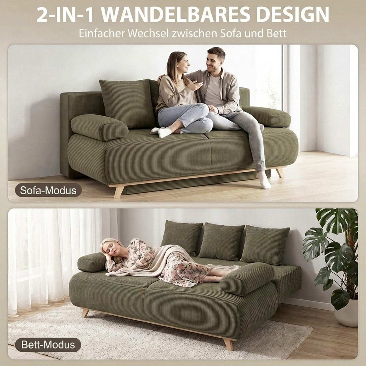 Convertible Sofa Bed with Storage, Dark Green Cord Fabric