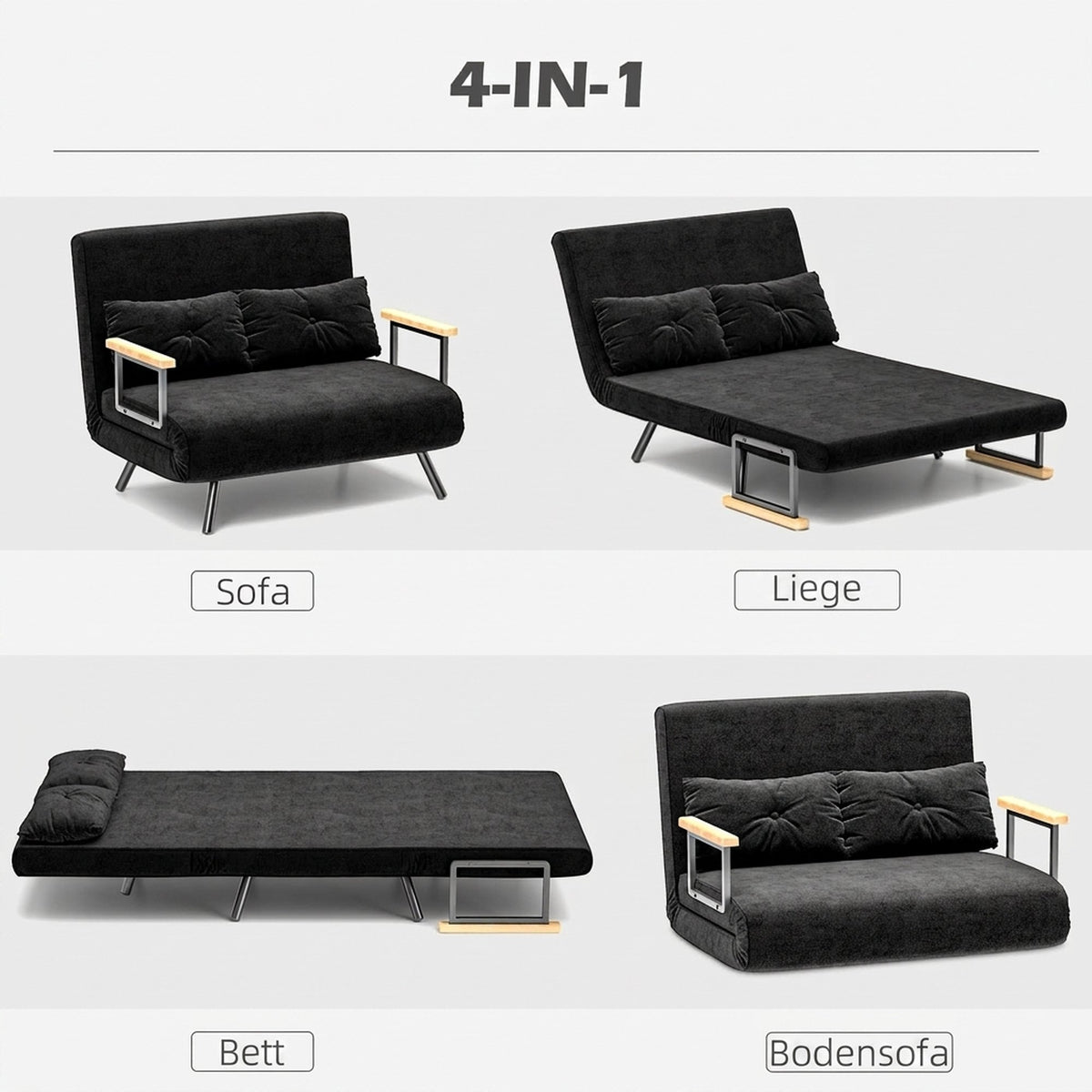 Convertible Velvet Sleeper Sofa, Black, Includes 2 Cushions