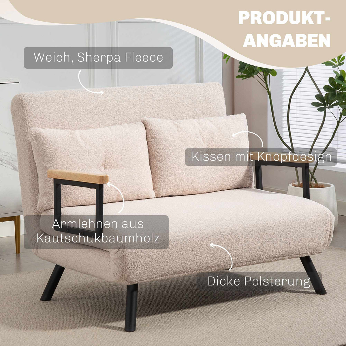 Convertible Velvet Sofa Bed with Cushions, Beige