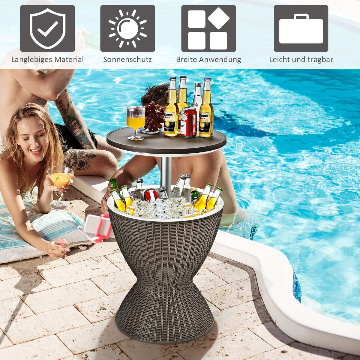 Cooler box stool garden table patio table height adjustable ice cooler drinks cooler garden table brown