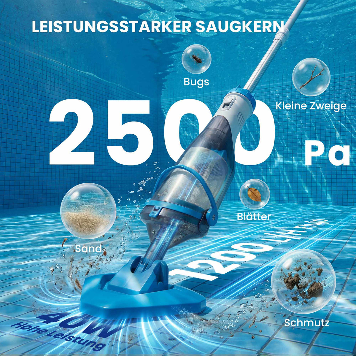 Cordless Pool Vacuum Cleaner, 40W Motor, Telescopic Pole