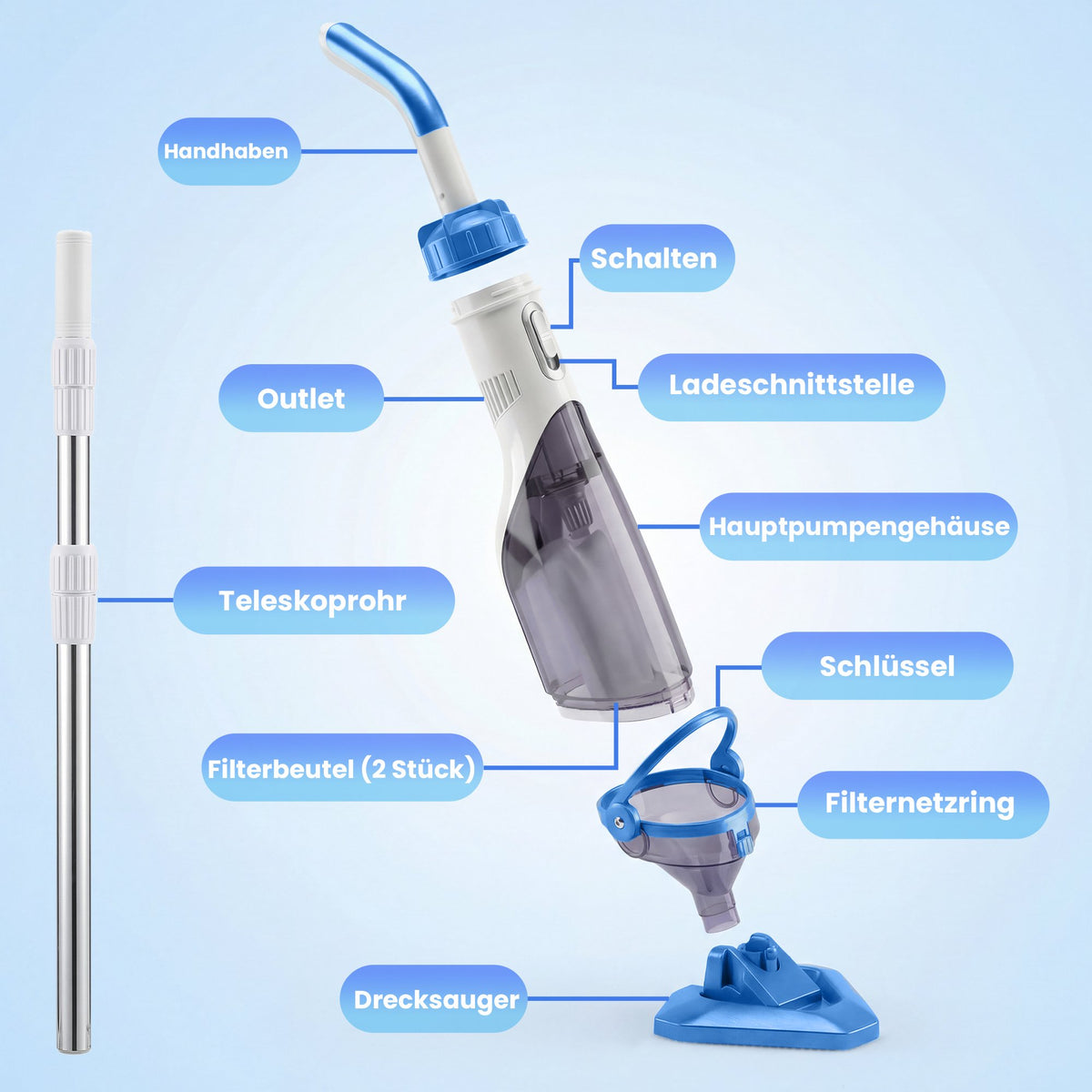 Cordless Pool Vacuum Cleaner, 40W Motor, Telescopic Pole