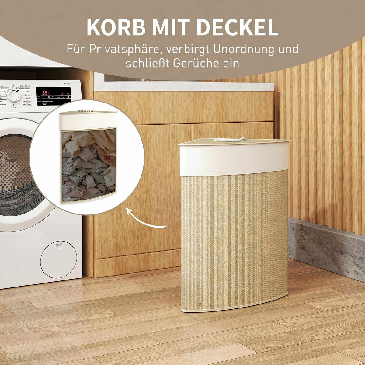 Corner Bamboo Laundry Hamper With Lid, 55L, Cream