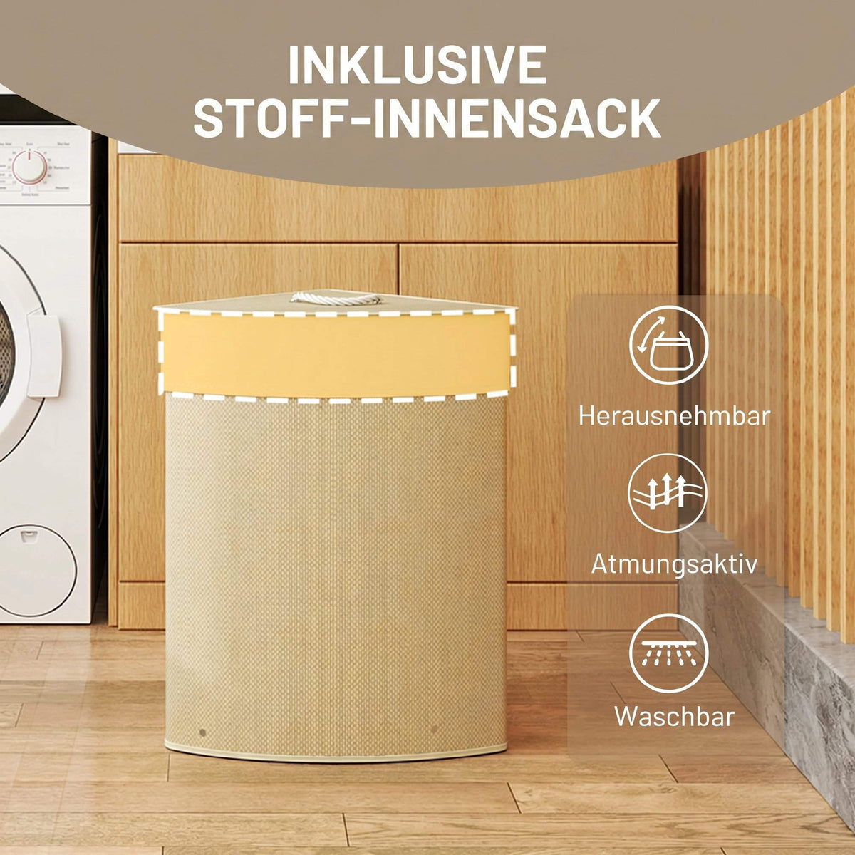 Corner Bamboo Laundry Hamper With Lid, 55L, Cream