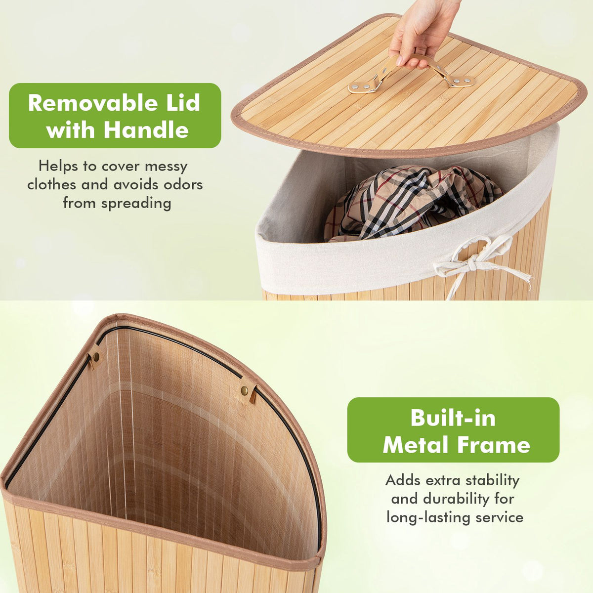 Corner Bamboo Laundry Hamper With Lid, Removable Liner, 15 Gal