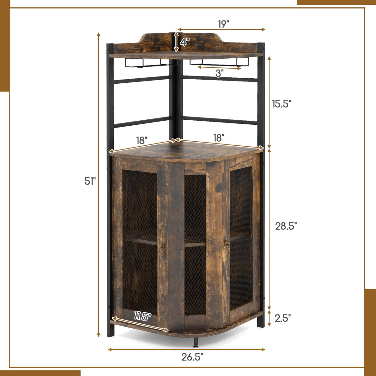 Corner Bar Cabinet With Glass Holder, Adjustable Shelf