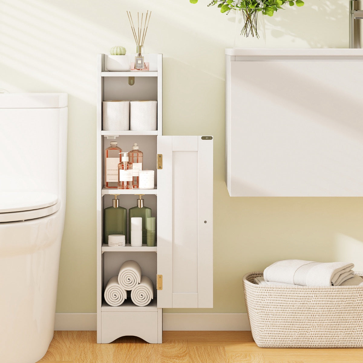 Corner Bathroom Floor Cabinet, 1 Door, Adjustable Shelves, White