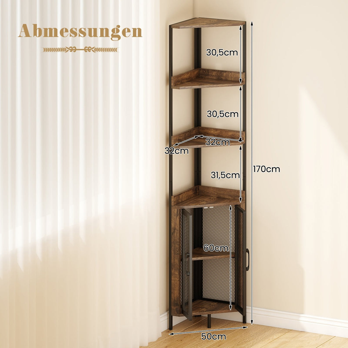 Corner Bookshelf with Cabinet & Metal Frame, 170 cm