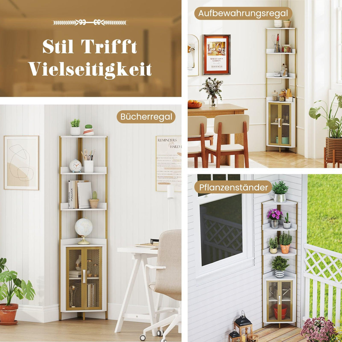 Corner Bookshelf with Cabinet & Metal Frame, 170 cm, White