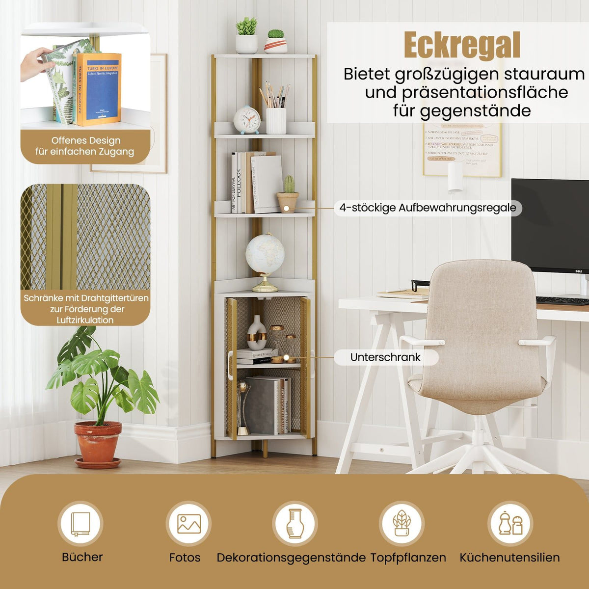 Corner Bookshelf with Cabinet & Metal Frame, 170 cm, White
