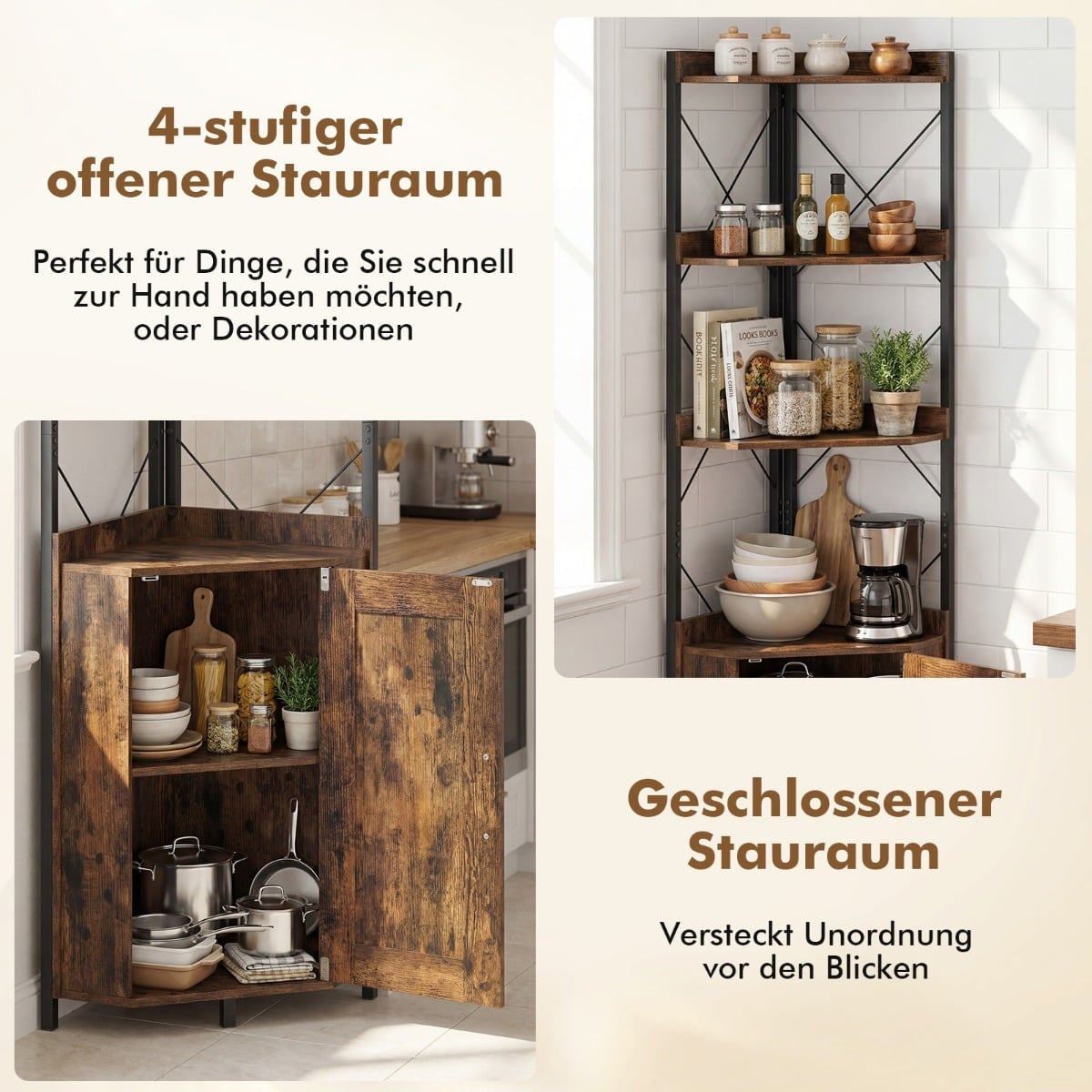 Corner Bookshelf with Storage, 5-Tier, Rustic Brown, 180 cm